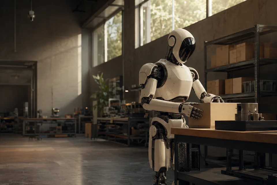 Illustrative humanoid robot handling a parcel in a sunlit workshop