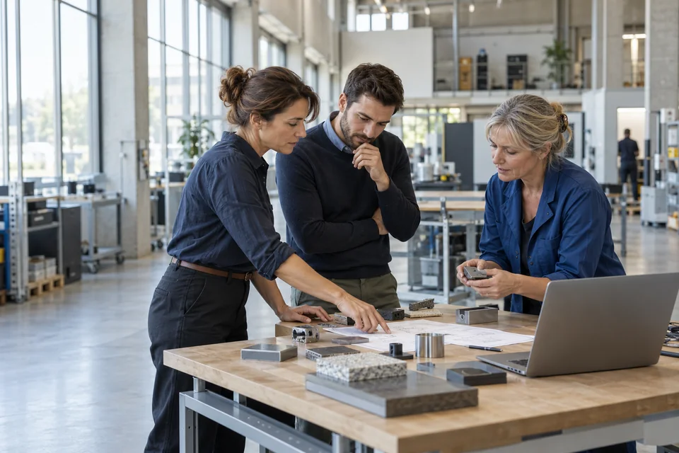 Illustrative colleagues reviewing a process beside a manufacturing floor