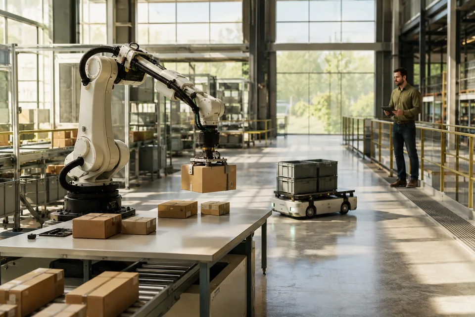 Illustrative robotic arm and mobile robot supporting a human operator in a sunlit facility